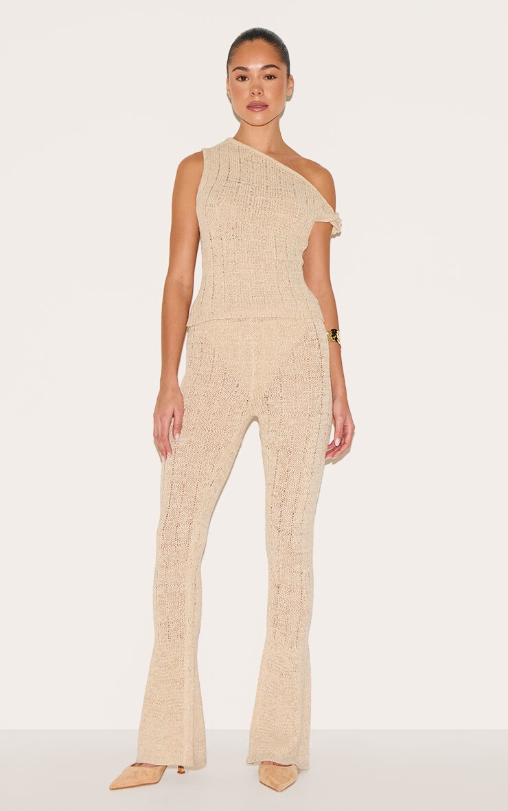 Oatmeal Textured Filigree Knit Wide Leg Trousers image 1