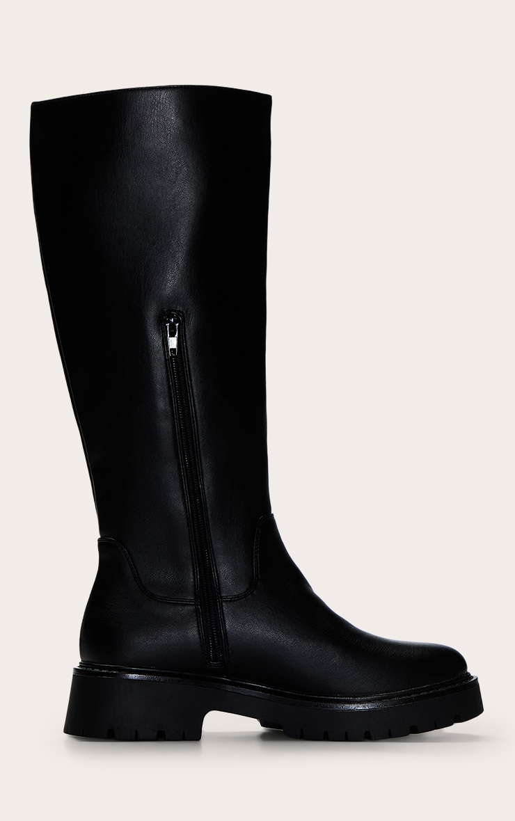 Wide Fit Black Chunky Cleated Sole Knee Boot image 2