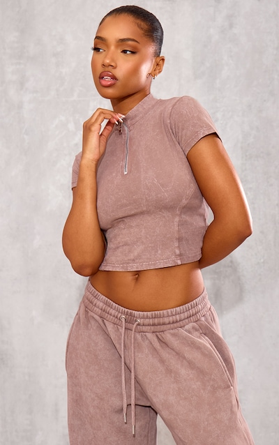 Taupe Washed Zip Up Rib Panel Top