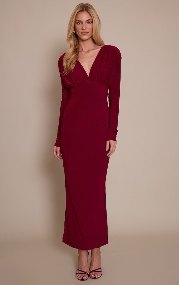 Burgundy Double Layer Slinky Plunge Long Sleeve Maxi Dress
