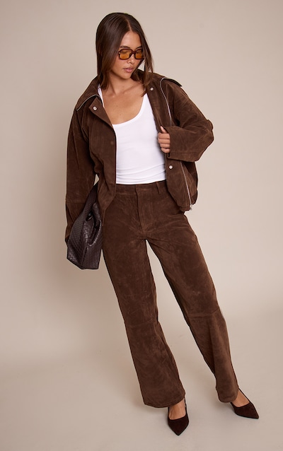 Dark Brown Suede Straight Leg Pants