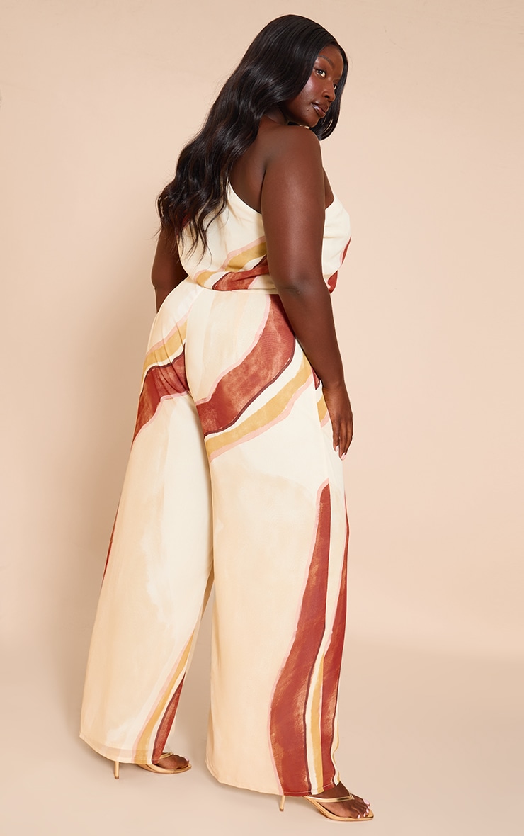 Plus Cream Abstract Chiffon One Shoulder Ruched Jumpsuit image 2
