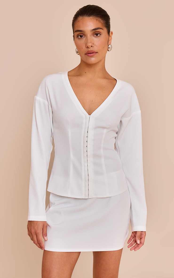 Petite White Collarless Hook And Eye Cinched Waist Long Top image 1