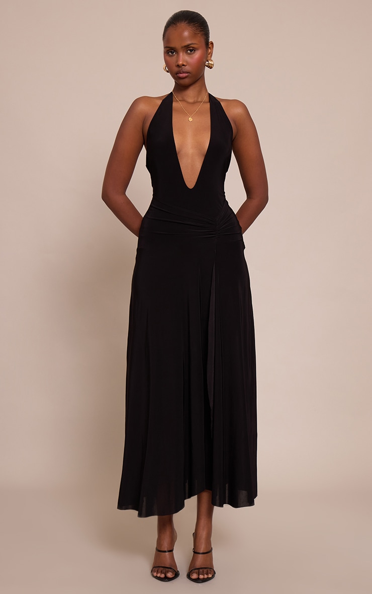 Black Plunge Ruched Midaxi Dress image 1