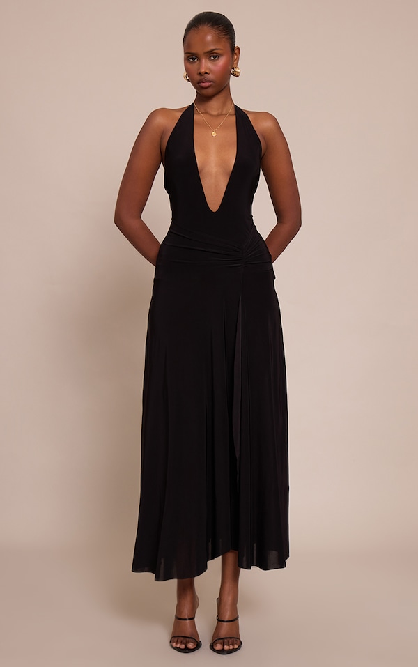 Black Plunge Ruched Midaxi Dress