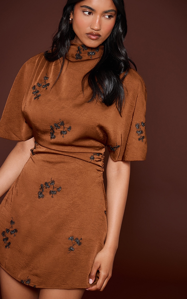 Brown Satin Embroidered Mini Dress image 1
