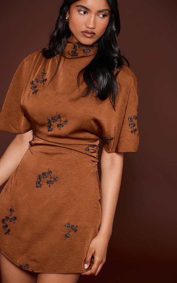 Brown Satin Embroidered Mini Dress