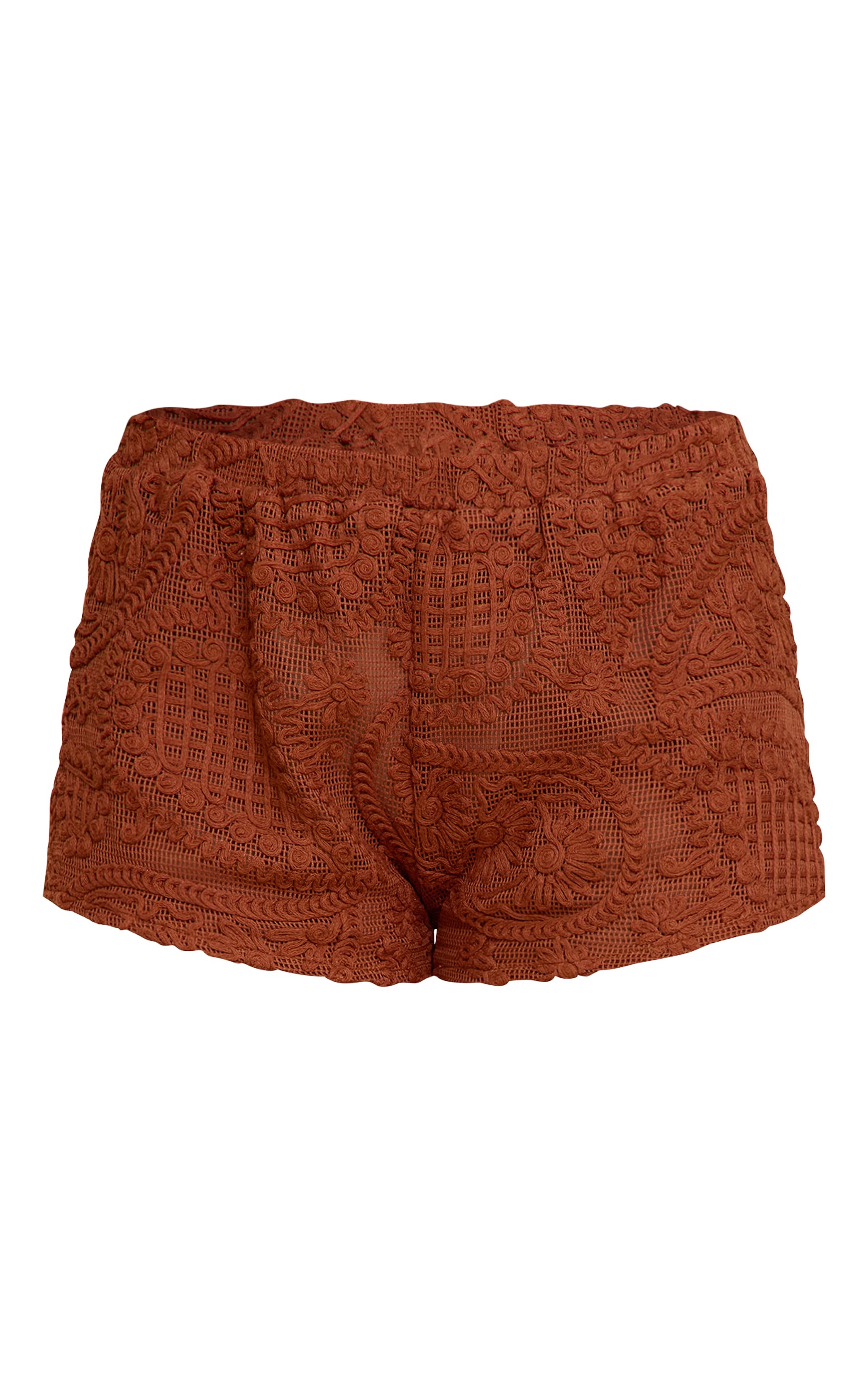 Burnt Orange Textured Embroidered Mid Rise Mini Shorts image 6
