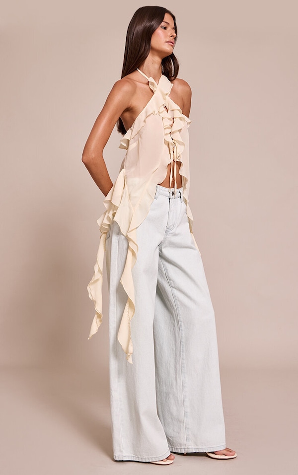 Cream Chiffon Ruffle Drape Detail Longline Top