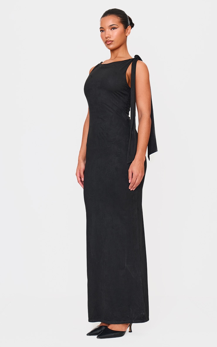 Robe longue en suédine noire drapée à détail noué image 3