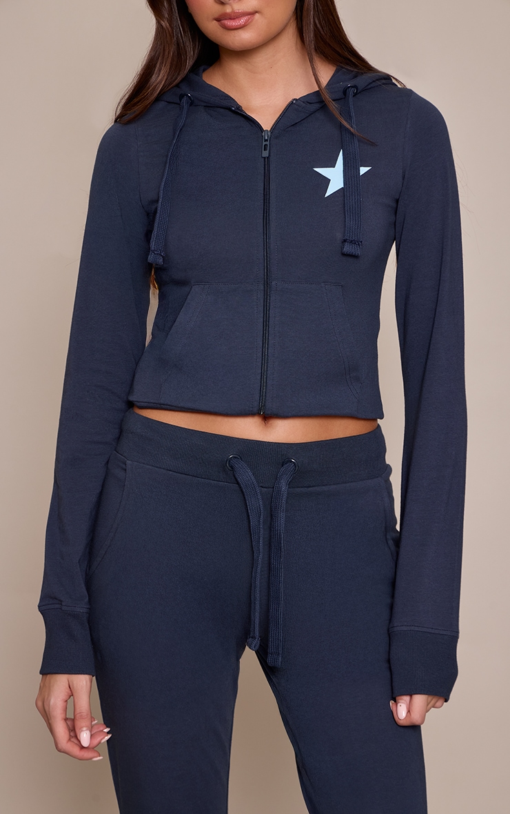 Navy Star Print Fitted Zip Up Hoodie image 4