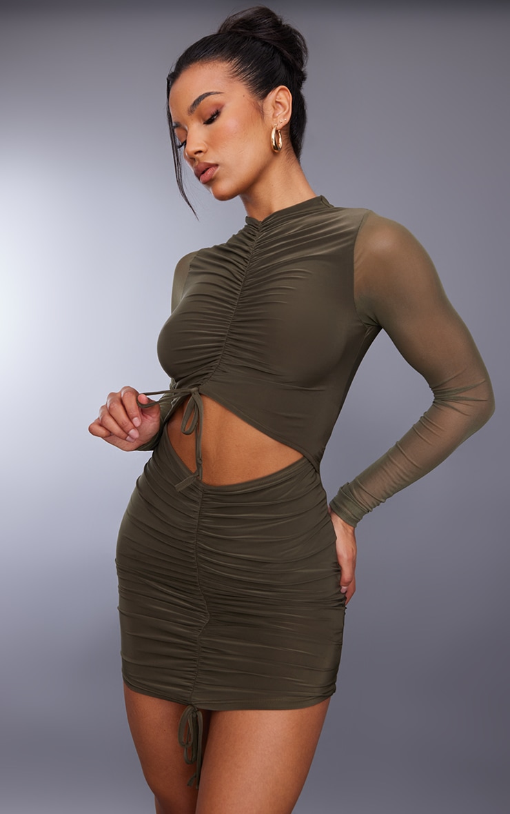 Moss Khaki Slinky Ruched Cut Out Mesh Sleeve Bodycon Dress