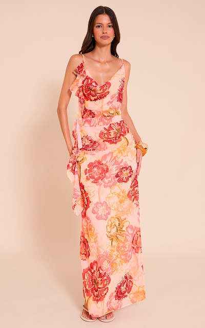 Robe longue à bretelles et à volants en mousseline de soie imprimée à motif floral rose