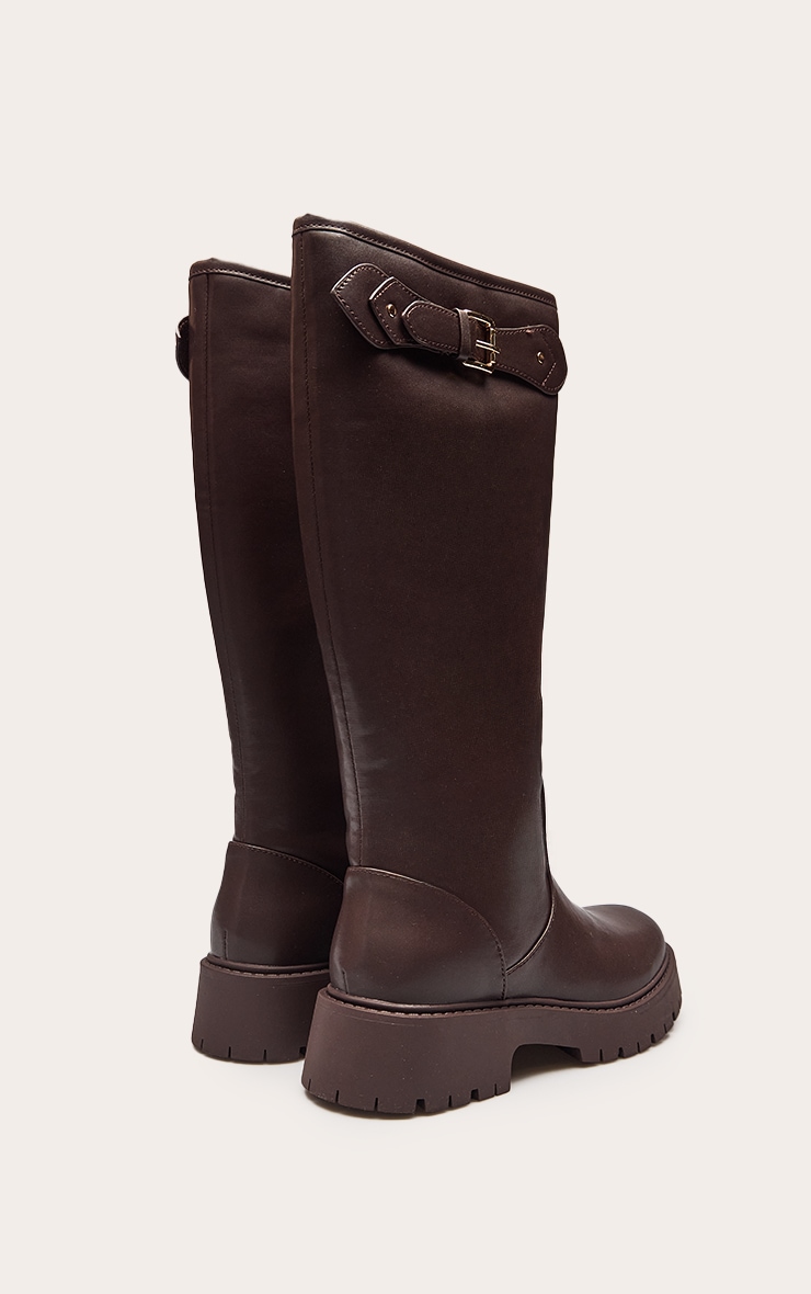 Chocolate PU Buckle Detail Knee High Chelsea Boot image 4