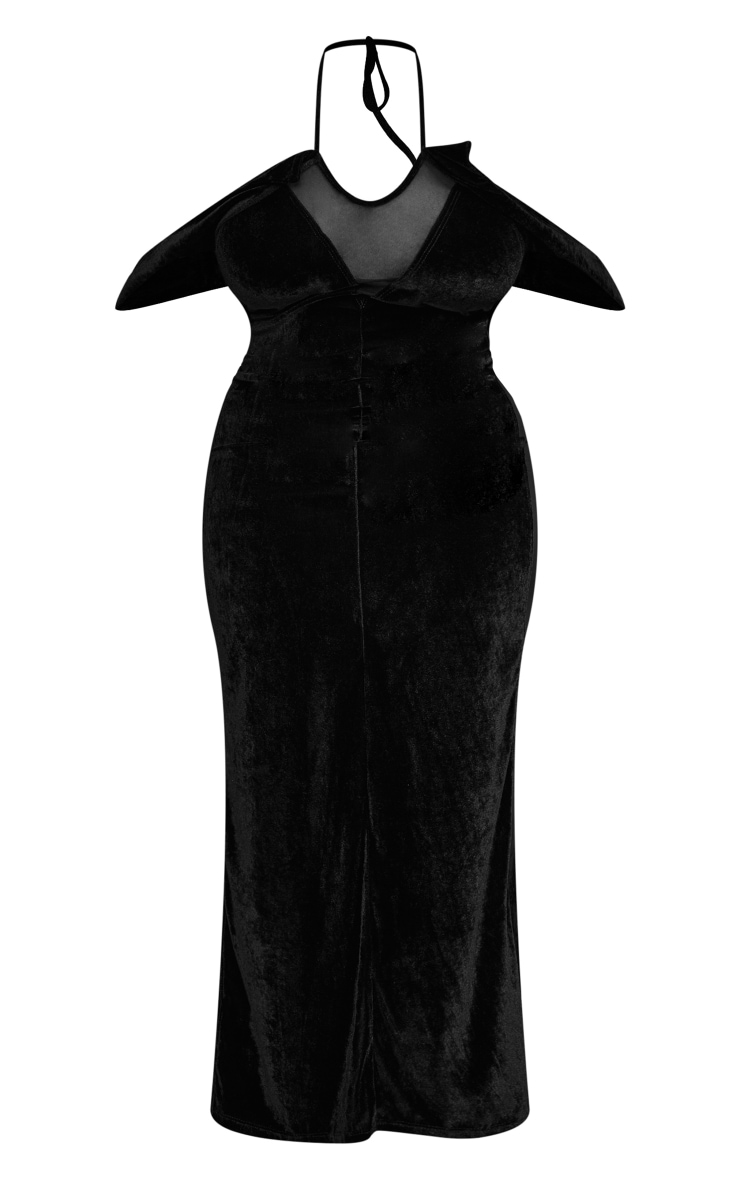 Plus Black Velvet And Mesh Halter Maxi Dress With Bardot Detail image 5