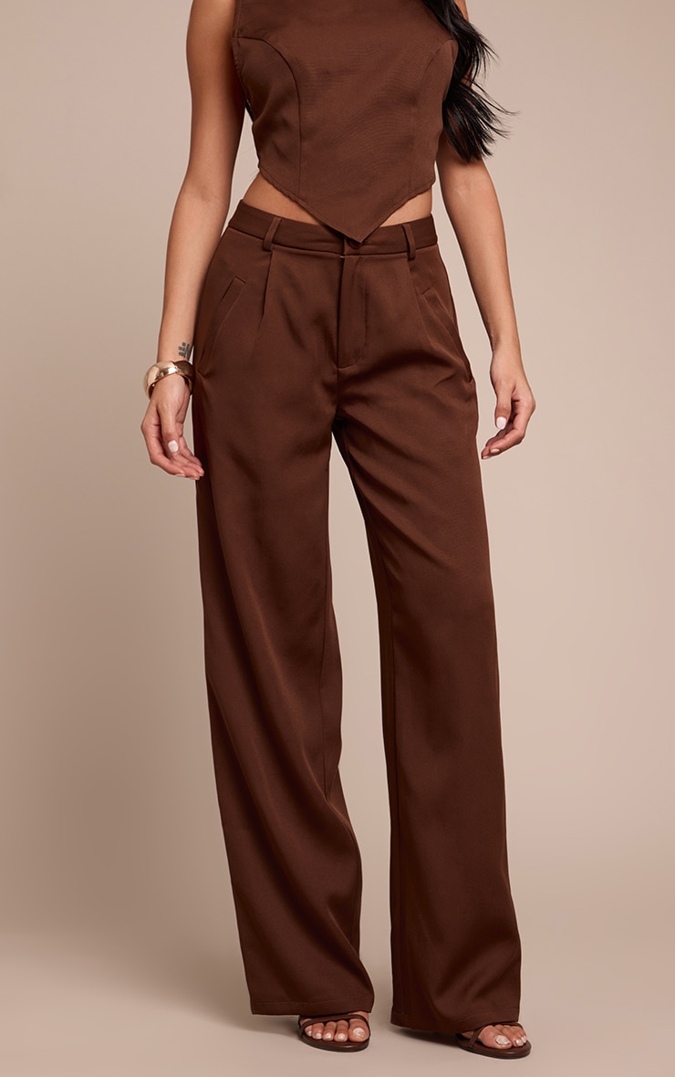 Chocolate Woven Pleat Detail Wide Leg Pants image 2