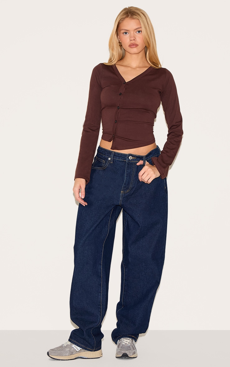 Chocolate Asymmetric Button Down Detail Long Sleeve Top image 3