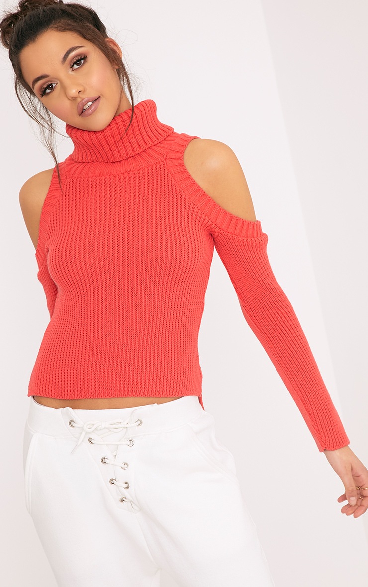 Piper Coral Cut Out Shoulder Jumper Knitwear PrettyLittleThing