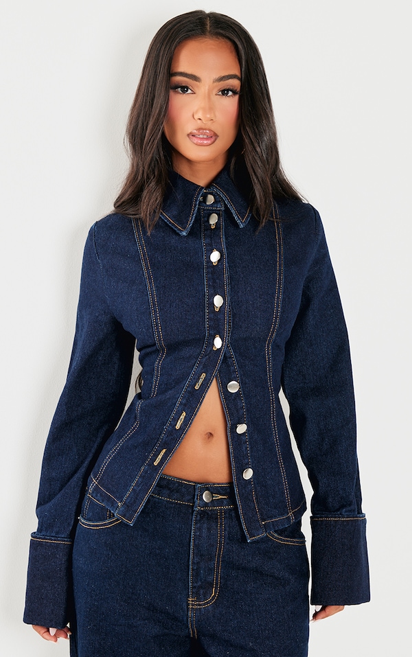 Petite Chemise ajustée en jean bleu indigo délavé à manches longues