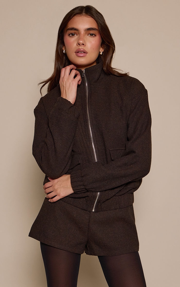 Brown Herringbone Placket Detail Jacket image 1