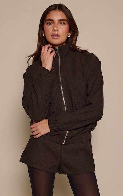 Brown Herringbone Placket Detail Jacket