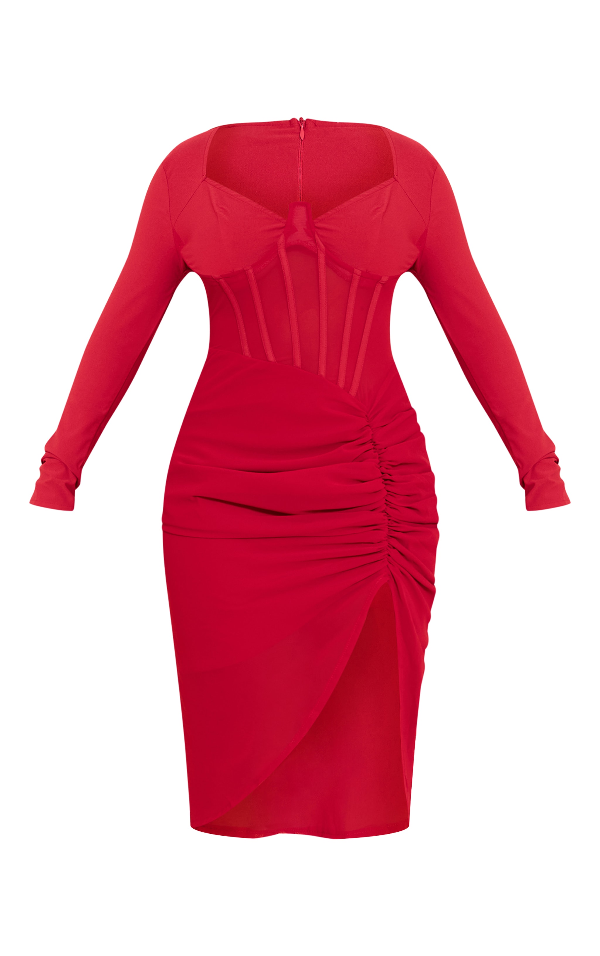 Shape Red Corset Detail Long Sleeve Ruched Midi Dress image 5