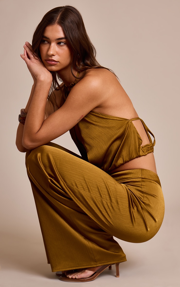 Dark Chartreuse Crinkle Satin High Waisted Wide Leg Pants image 2
