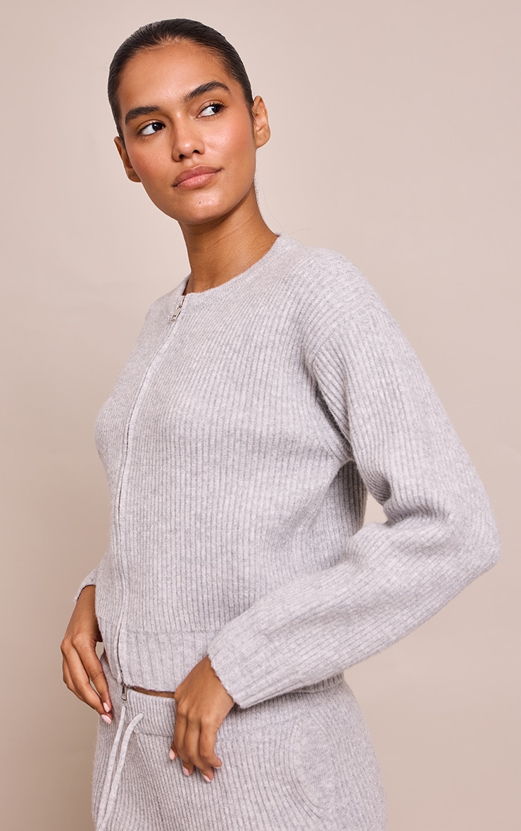 Soft Grey Brushed Rib Knit Zip Through Cardigan image 4