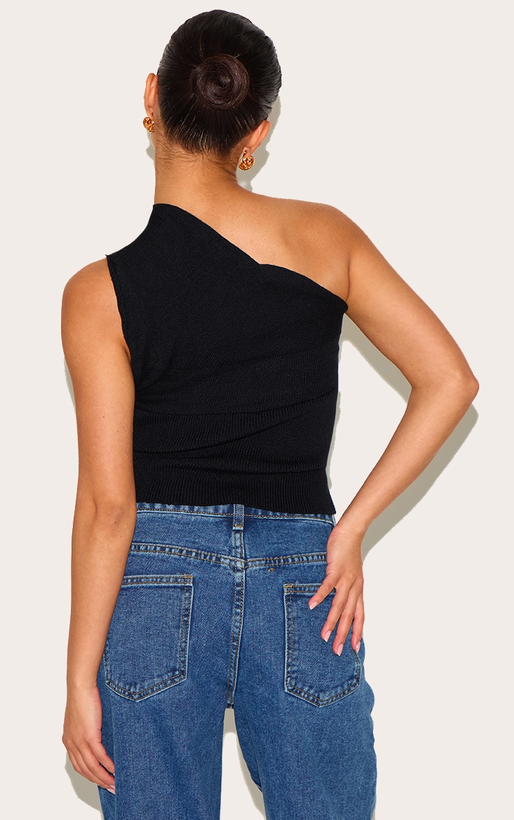 Petite Black Knitted One Shoulder Bow Top image 2