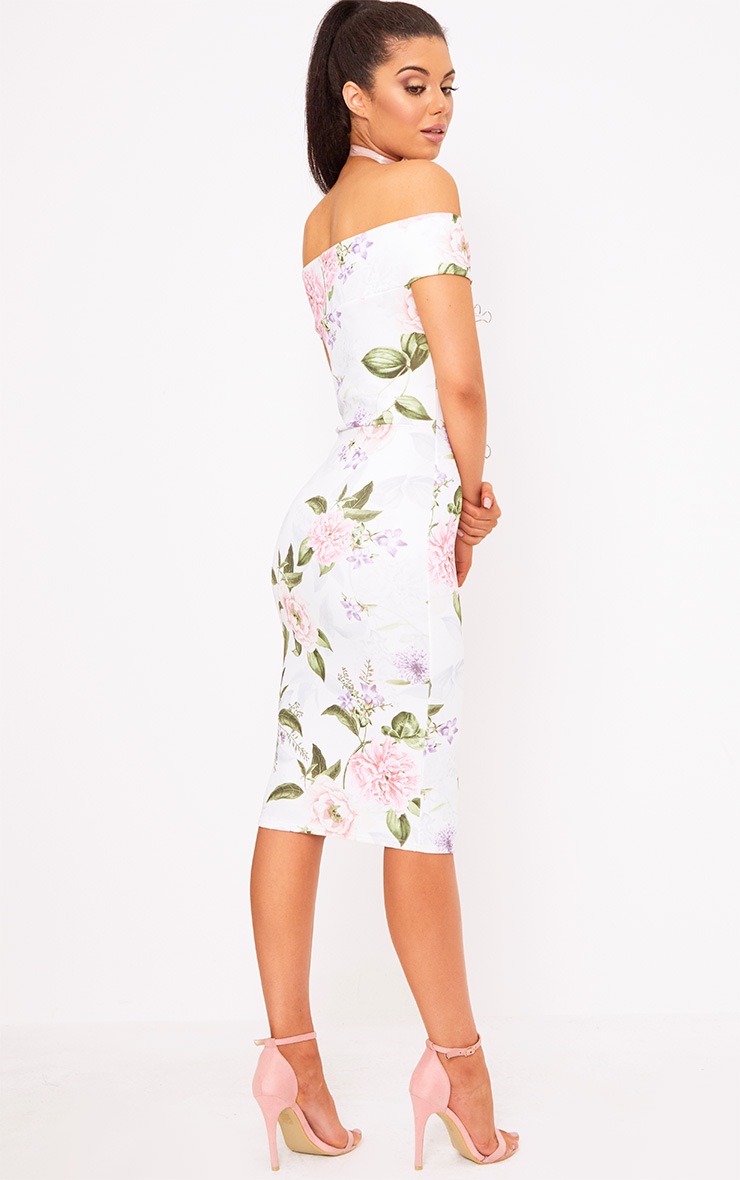 prettylittlething bardot floral midi dress