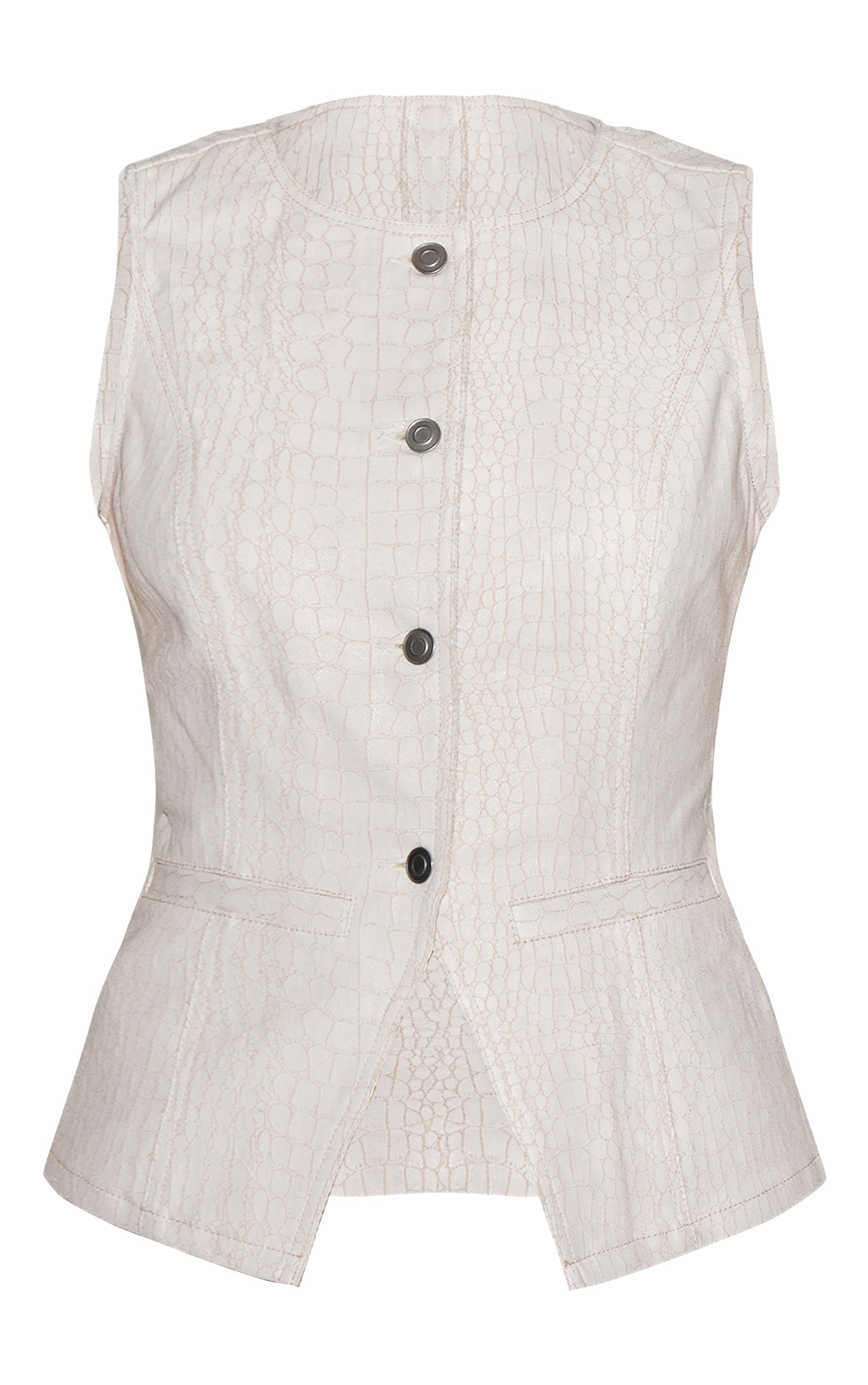 Cream Snake Print Round Neck Longline Coated Denim Vest image 5