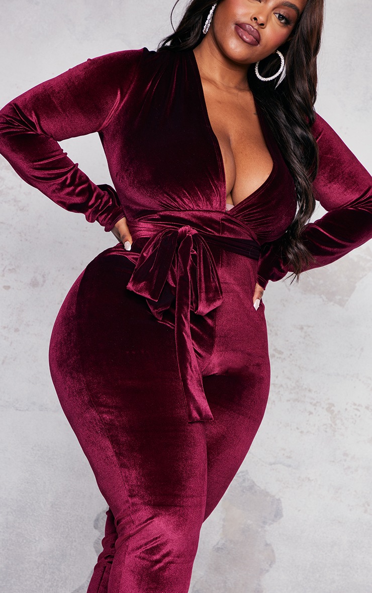 Plus Burgundy Velvet Deep Tie Waist Jumpsuit image 4