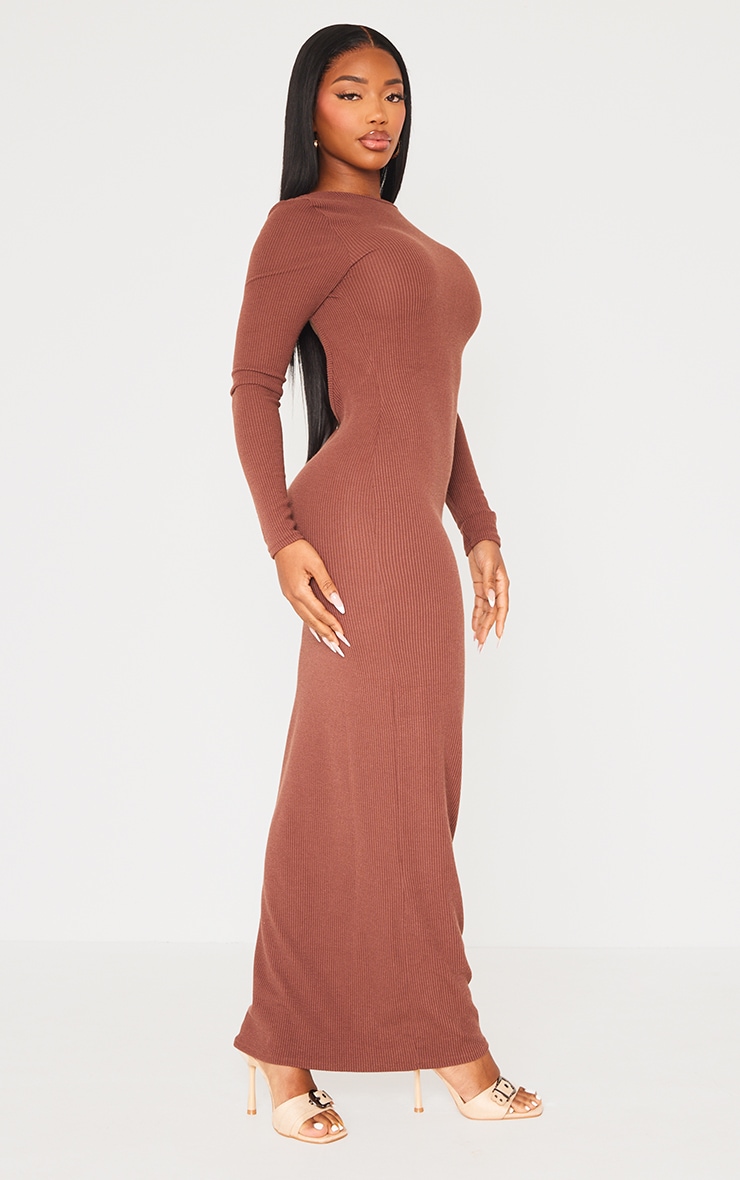 Shape Chocolate Brown Crinkle Rib Low Back Maxi Dress image 3