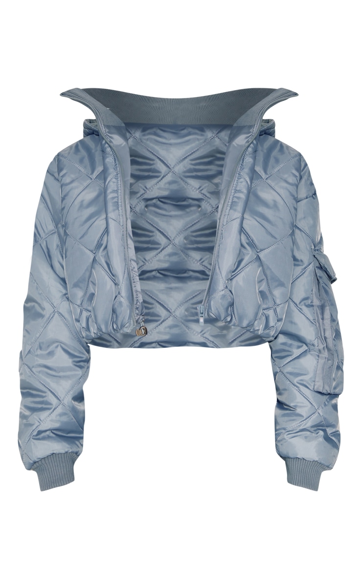 Petite Grey Quilted Rib Insert Cropped Puffer Jacket image 4