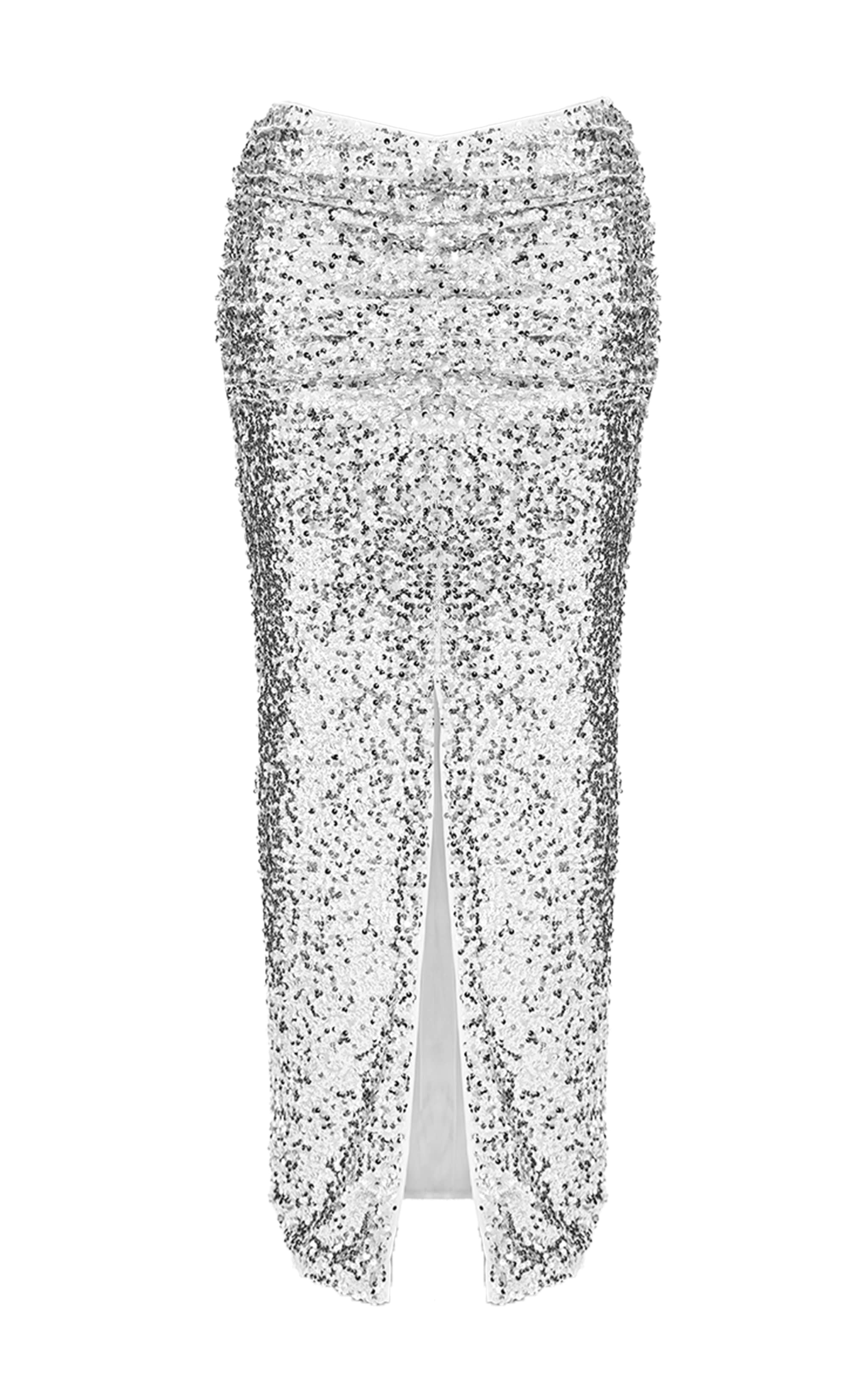 Silver Sequin Ruched Waist Maxi Skirt image 5