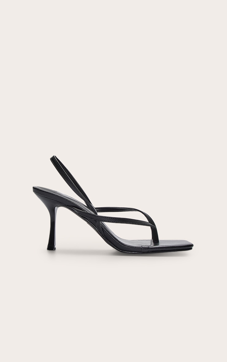 Black Pu Square Toe Thong Sling Back Mid Heeled Sandals image 1