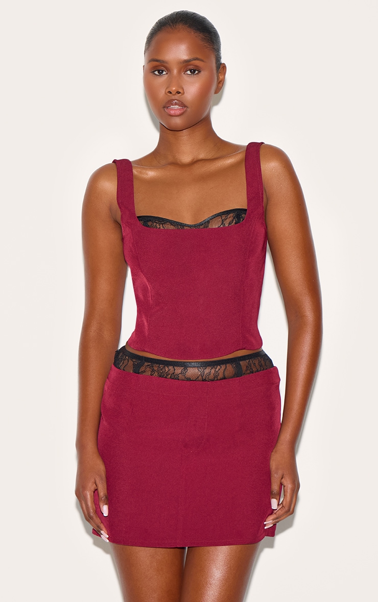 Burgundy Lace Waist Detail Woven Belted Mini Skirt image 4