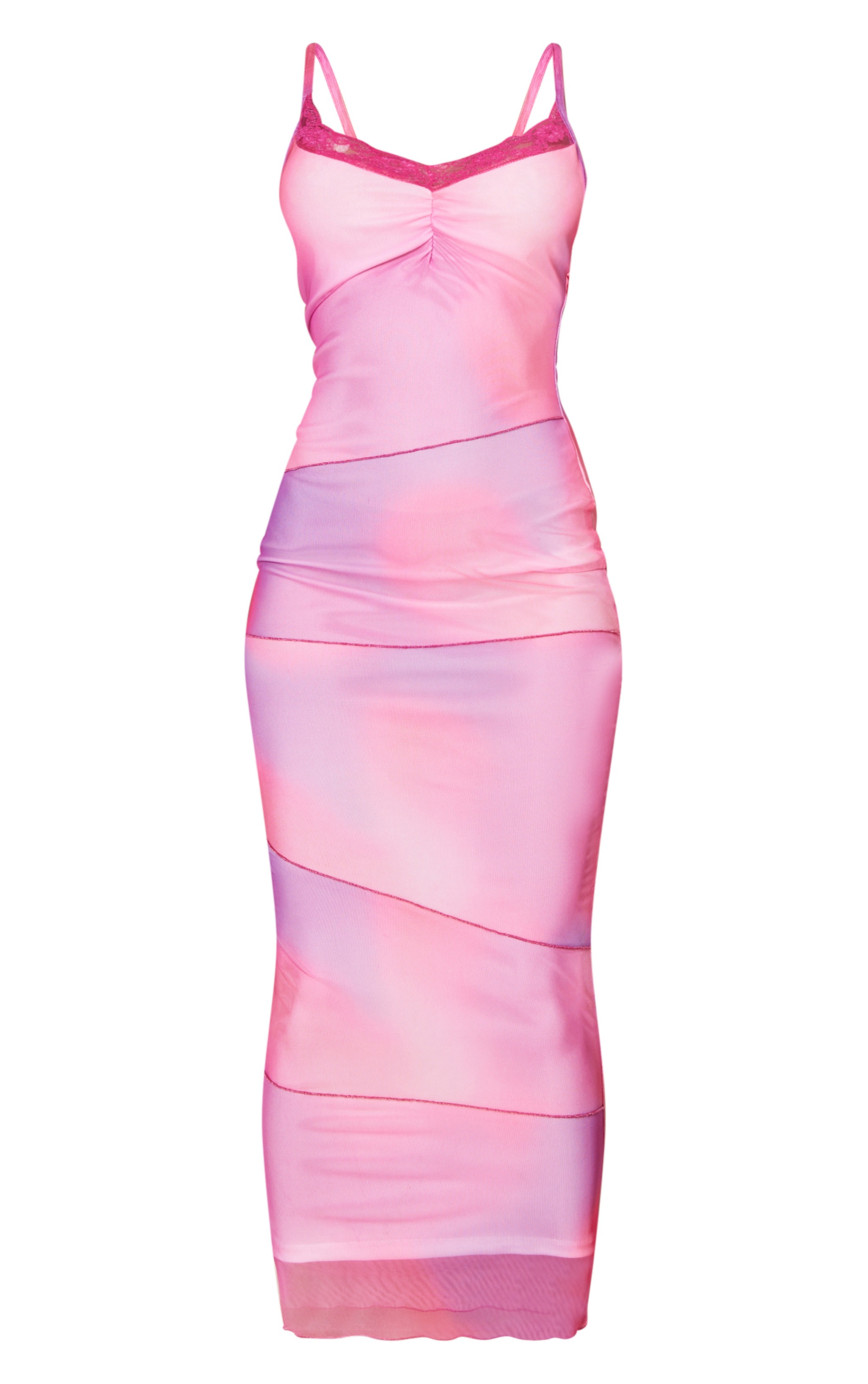 Pink Ombre Mesh Lace Trim Ruched Midaxi Dress | PrettyLittleThing