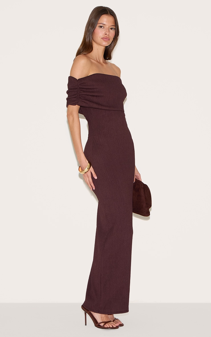 Chocolate Textured Fold Over Bardot Maxi Dress image 1