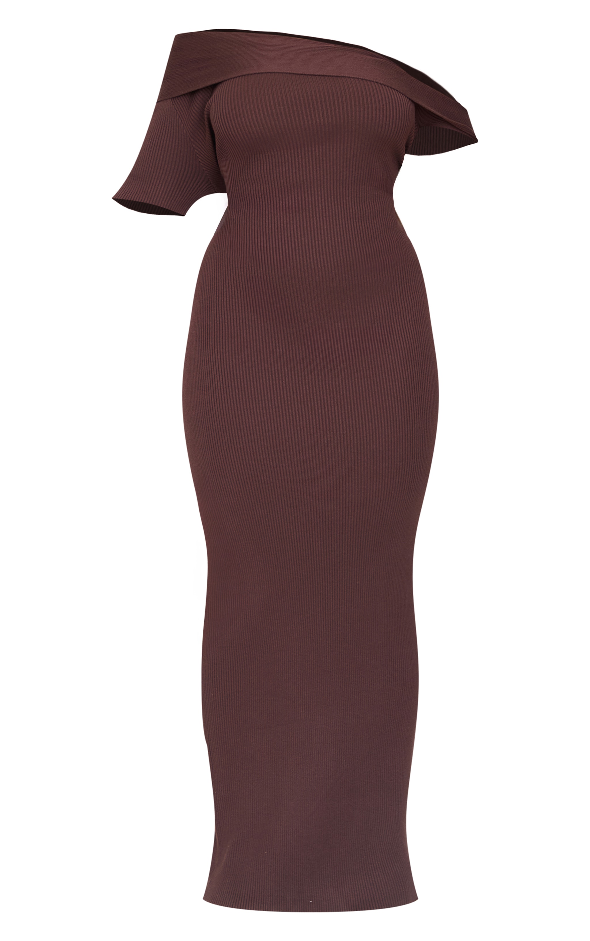 Plus Chocolate Rib Knit Asymmetric Neck Ruched Side Maxi Dress image 5