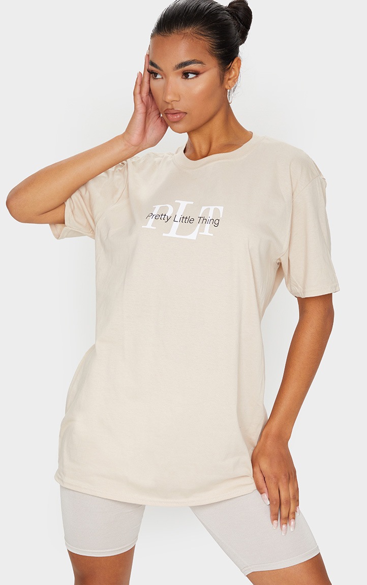PRETTYLITTLETHING Sand Oversized Slogan T Shirt