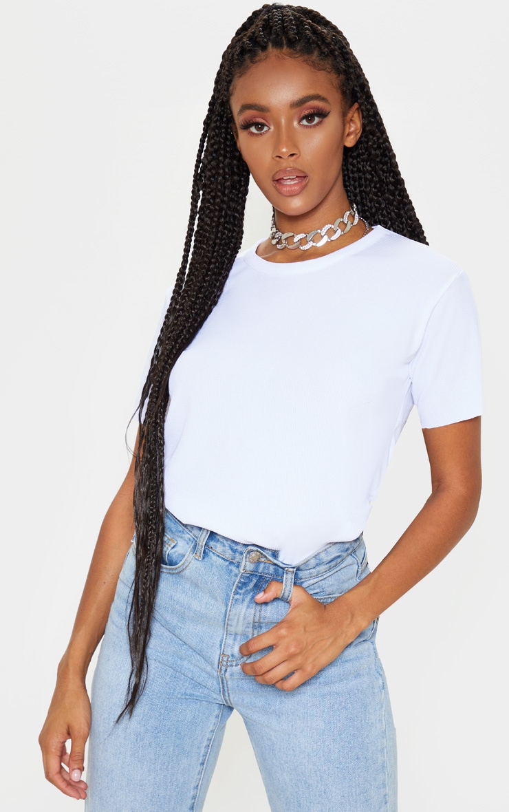 White Rib Raw Hem Longline T Shirt