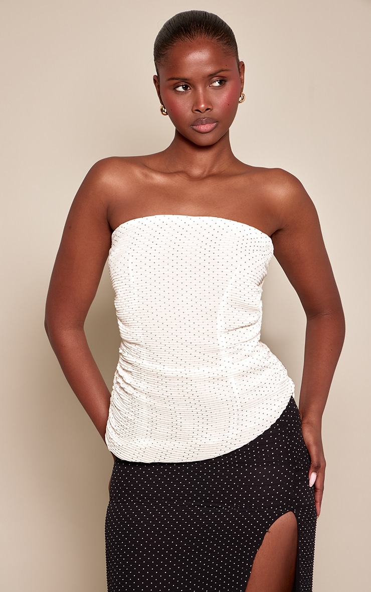 White Plisse Mini Polka Dot Bandeau Top