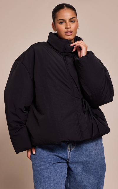 Plus Black High Neck Tie Waist Quilted Jacket