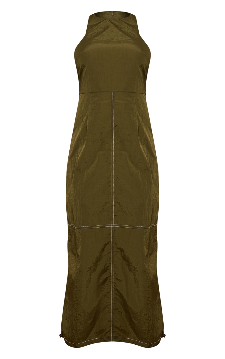 Khaki Parachute Cargo Contrast Stitch Racer Neck Maxi Dress image 3