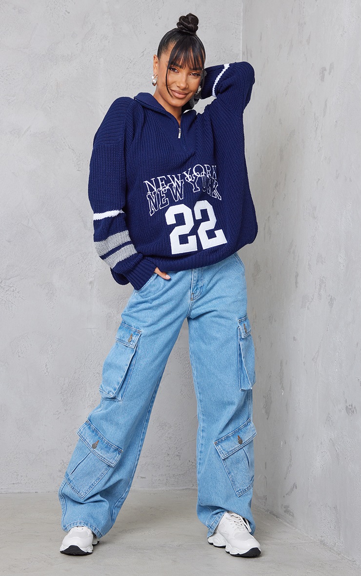 Navy Varsity Half Zip Embroided Knit Sweater image 3