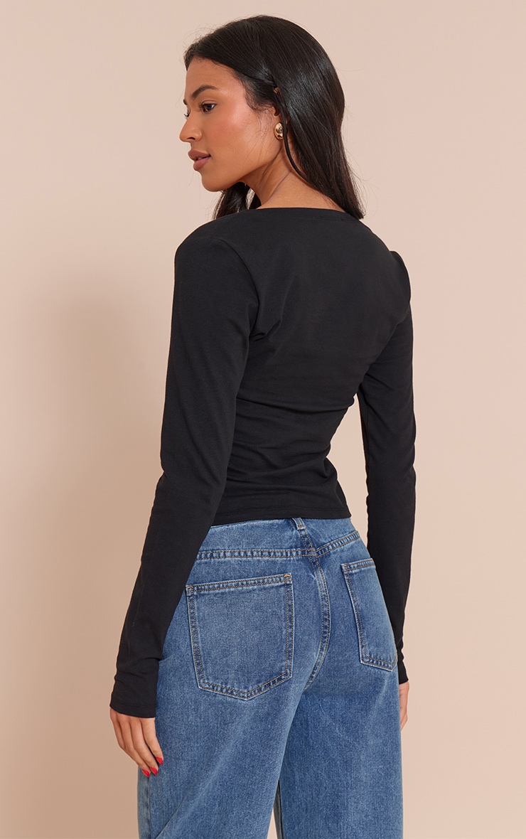 Tall Black Soft Cotton Scoop Neck Long Sleeve Fitted Top image 2