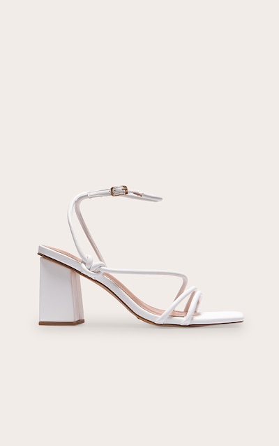 White Pu Square Toe Strappy Tube Asymmetric Block Heeled Sandals