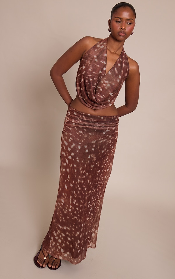 Brown Abstract Print Mesh Maxi Skirt