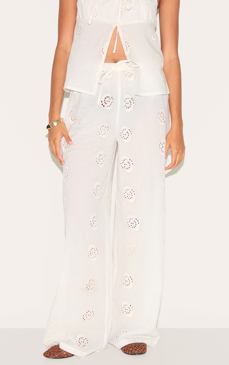 White Broderie Swirl Detail Straight Leg Pants image 2